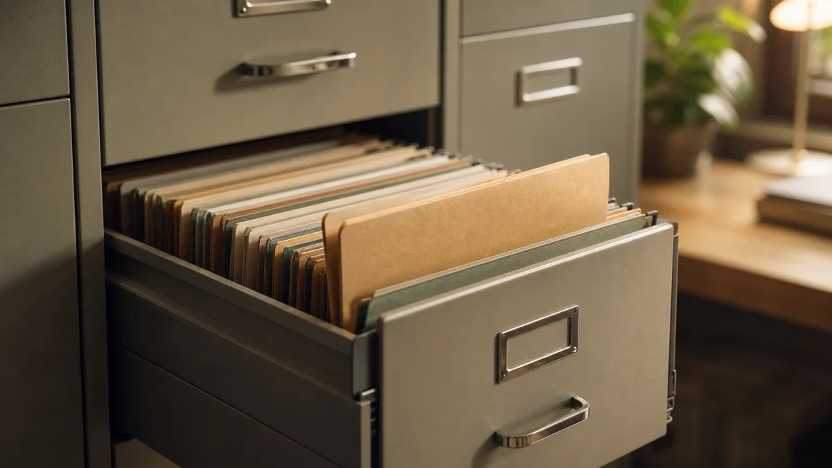 Cassetto di un archivio leggermente aperto con cartelle all'interno, una evidenziata — il concetto di riscoprire un profilo già valutato