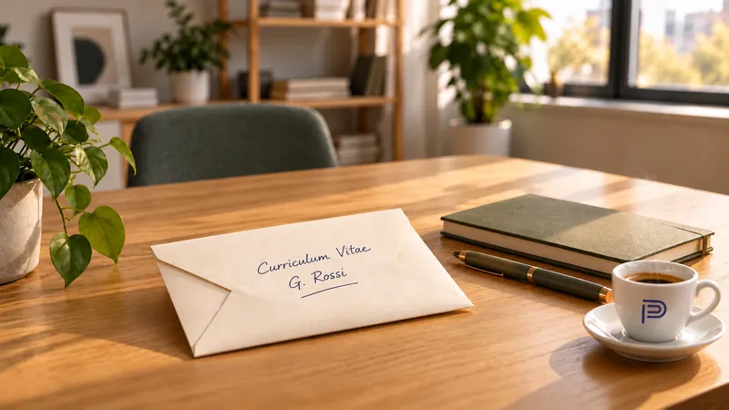 Scrivania in legno con una busta che contiene un curriculum vitae, un taccuino, una penna e una tazzina di caffè