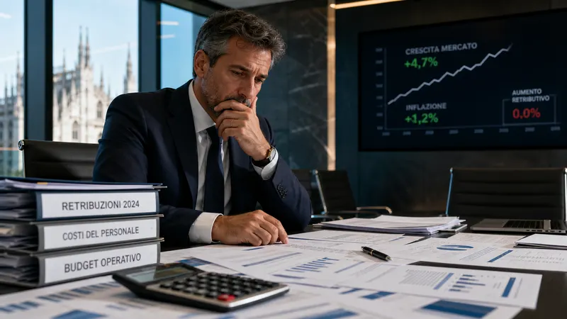 Professionista in ufficio davanti a documenti finanziari — il paradosso dei fee nelle agenzie di comunicazione